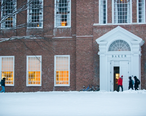 Baker Library entrance during a winter storm