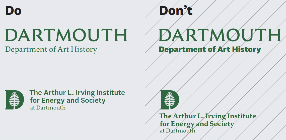 Dartmouth logo lockups that show correct, and incorrect usage 