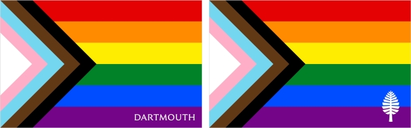 LGBTQIA+ flags with the Dartmouth Wordmark and Lone Pine