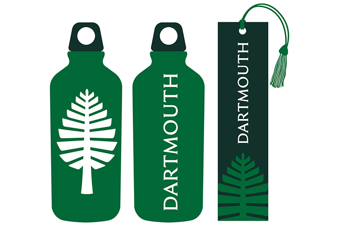 Water jugs and bookmark with Dartmouth wordmark