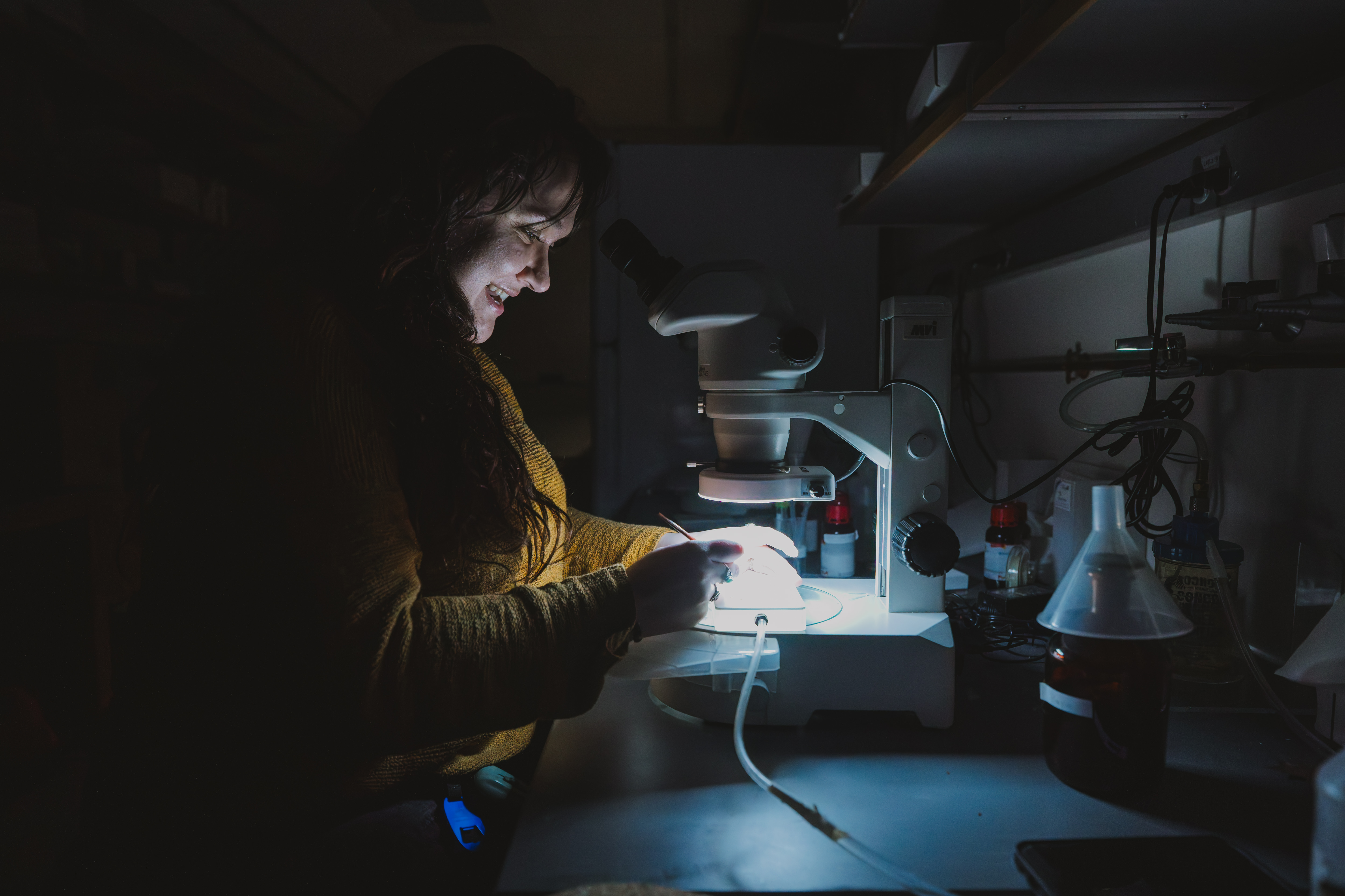 Graduate student looking in a microscope